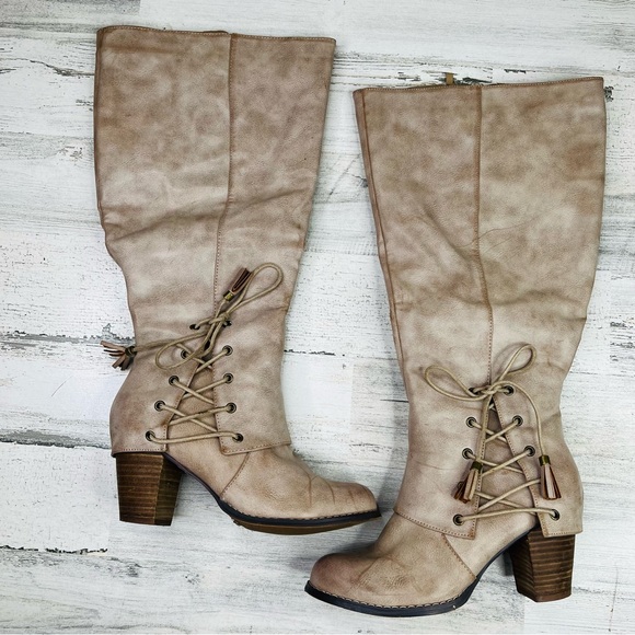 Torrid 9W Tan Tall Boots Stacked Block Heel Side Zip Wide Calf Burnished Vegan - Picture 5 of 16